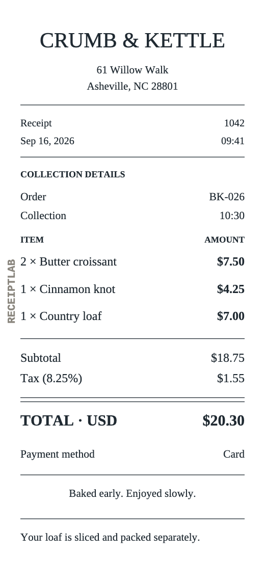 Bakery receipt template example with itemized purchases and calculated totals