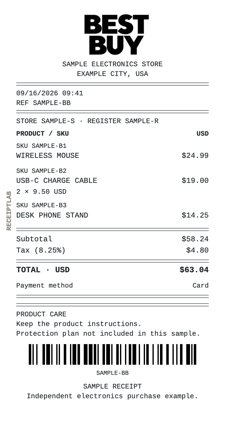 Best Buy receipt template — sample example with itemized purchases and calculated totals