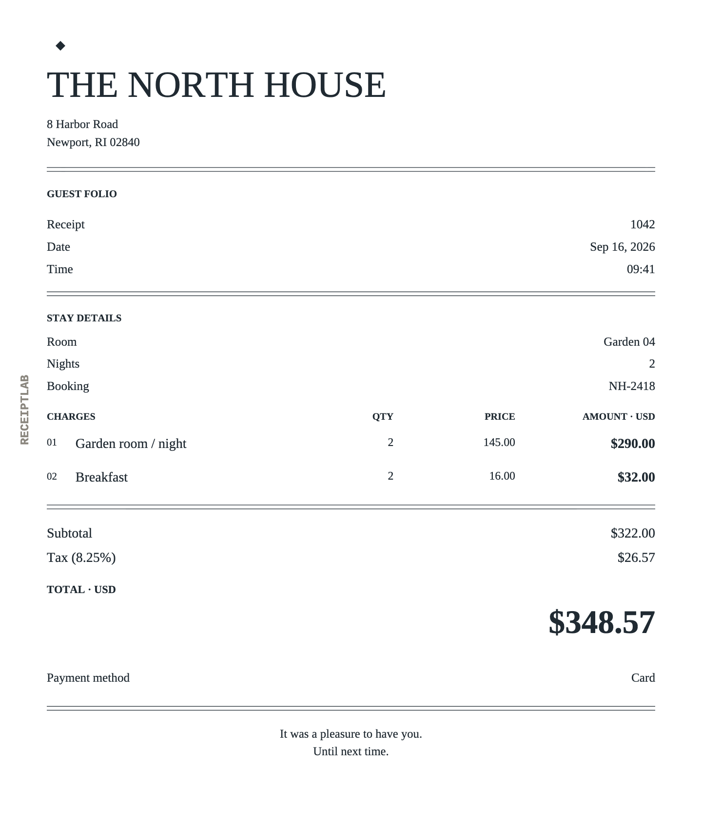 Hotel receipt template example with itemized purchases and calculated totals