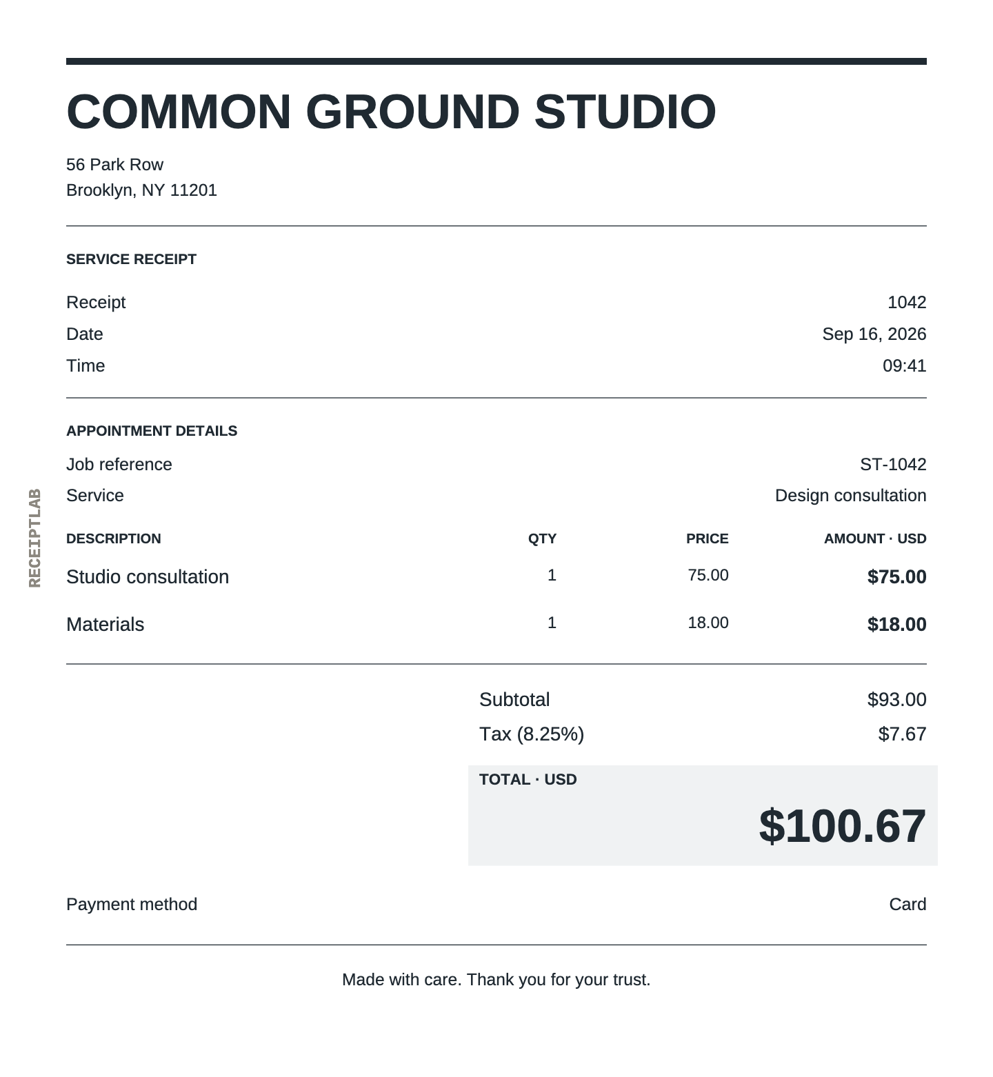 Service receipt template example with itemized purchases and calculated totals
