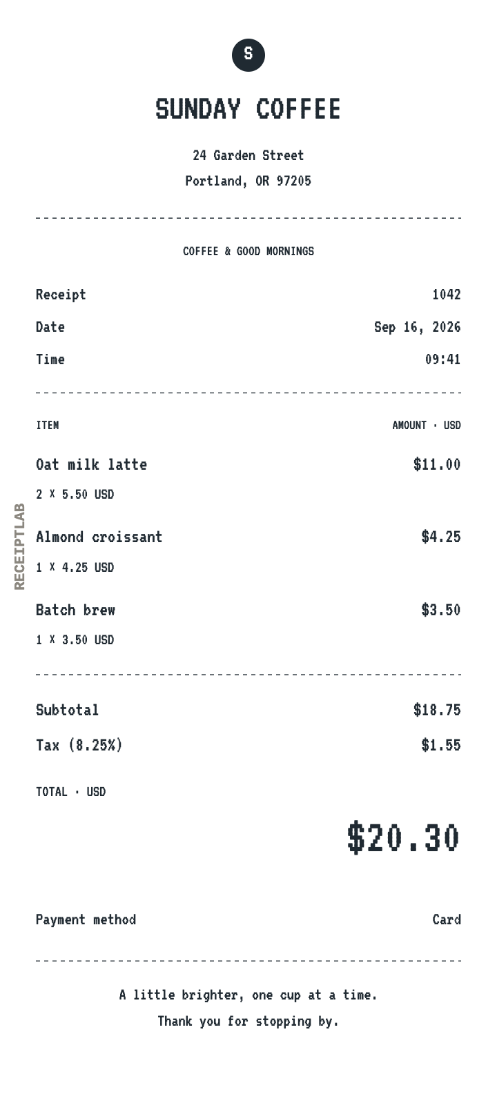Café receipt with a customized business name and line items