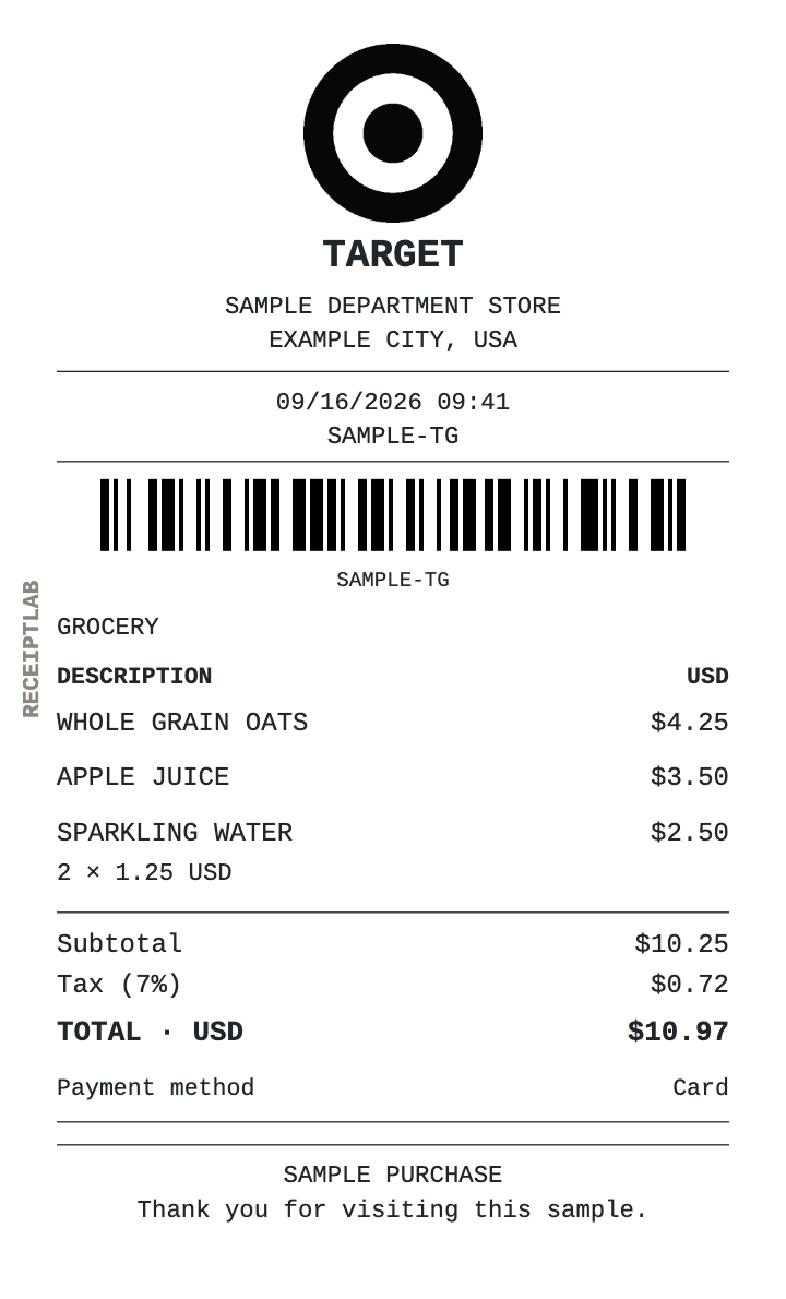 Target receipt template — sample example with itemized purchases and calculated totals